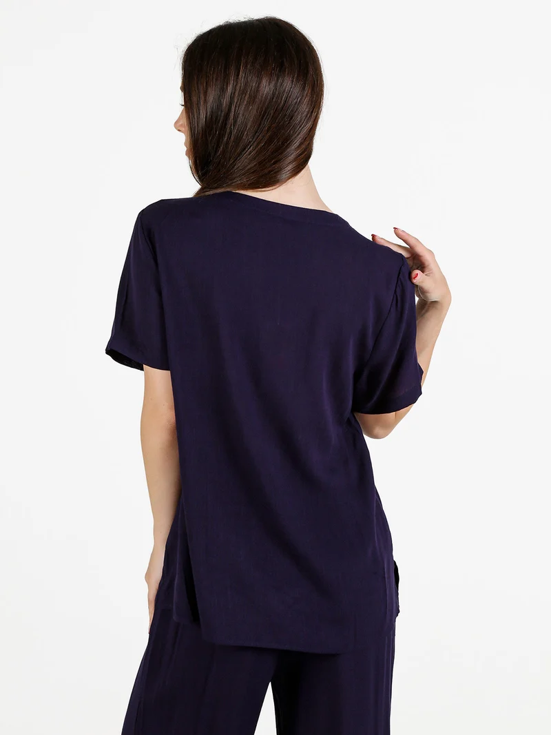 Blusa donna a maniche corte in viscosa - blu scuro
