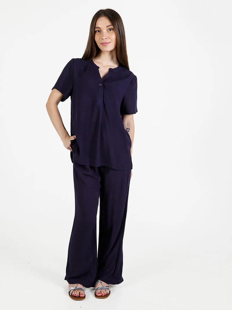 Blusa donna a maniche corte in viscosa - blu scuro