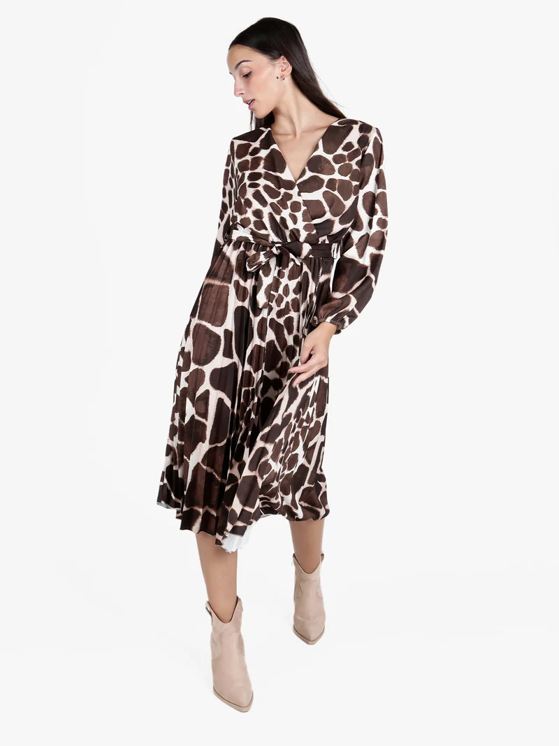 Abito donna a maniche lunghe con gonna plissettata - marrone