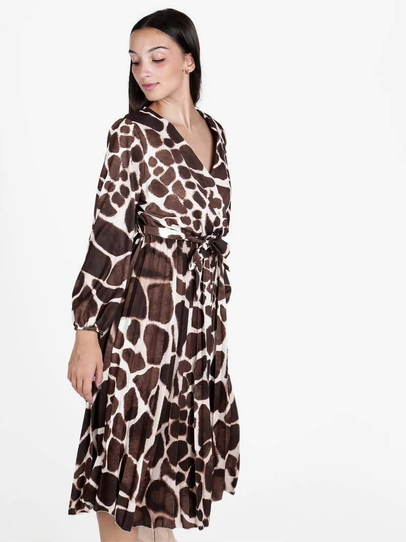 Abito donna a maniche lunghe con gonna plissettata - marrone