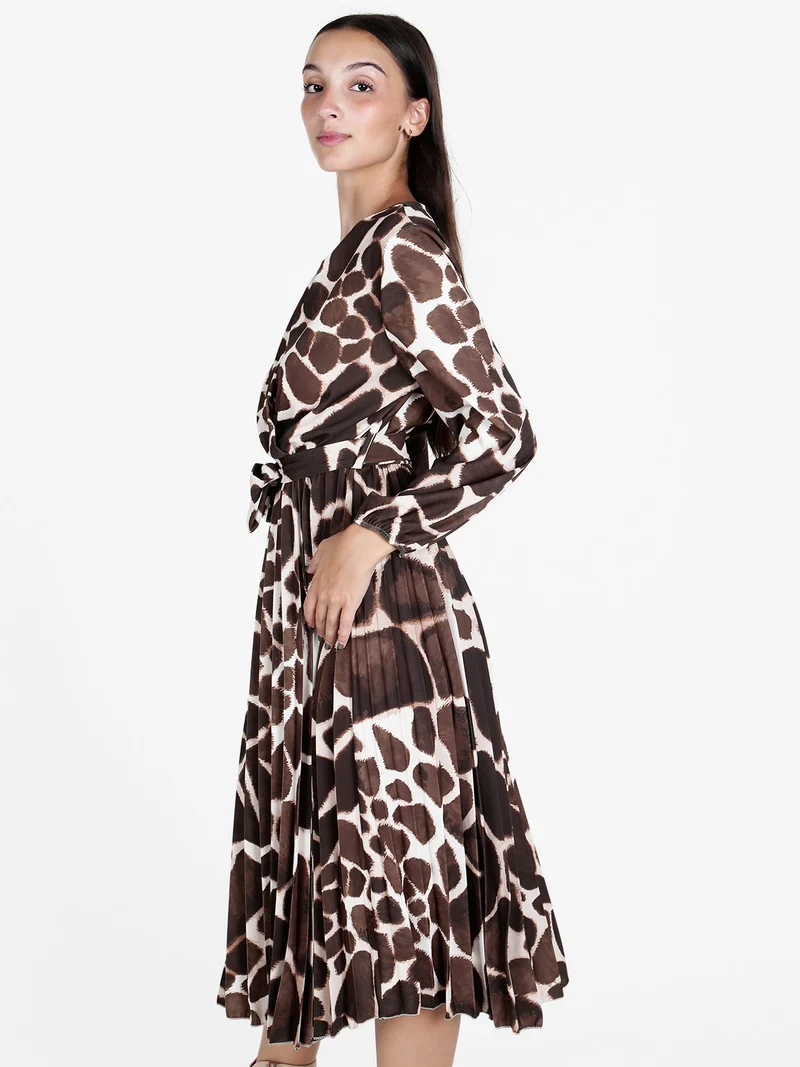 Abito donna a maniche lunghe con gonna plissettata - marrone