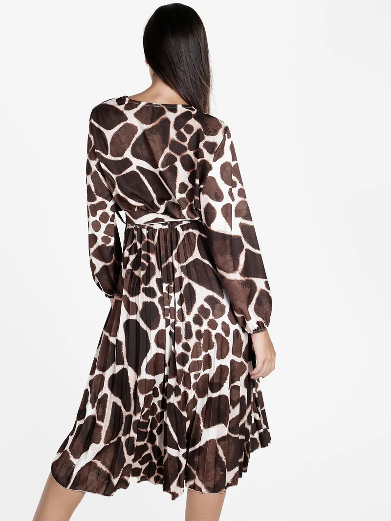 Abito donna a maniche lunghe con gonna plissettata - marrone