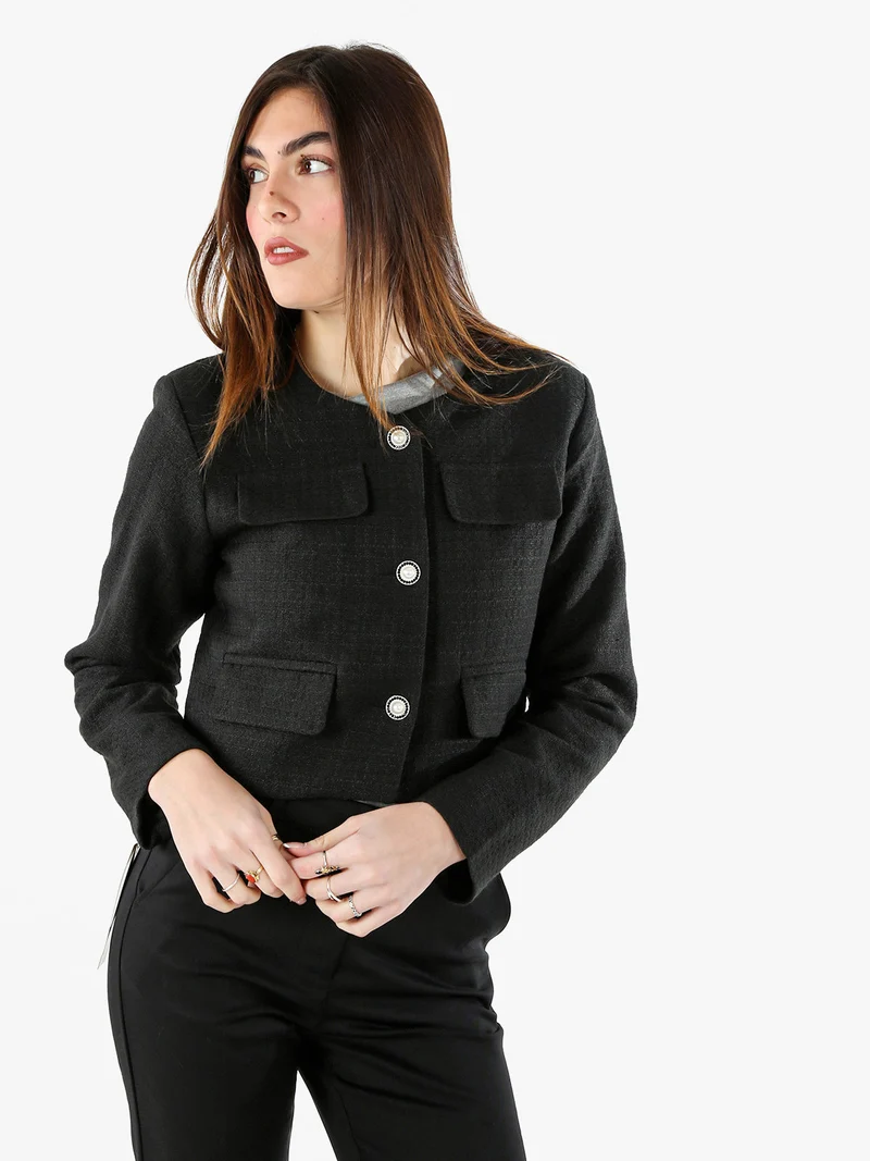 Giacca cropped da donna in tweed - nero