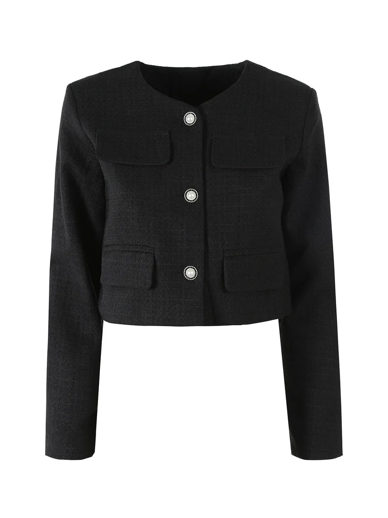 Giacca cropped da donna in tweed - nero
