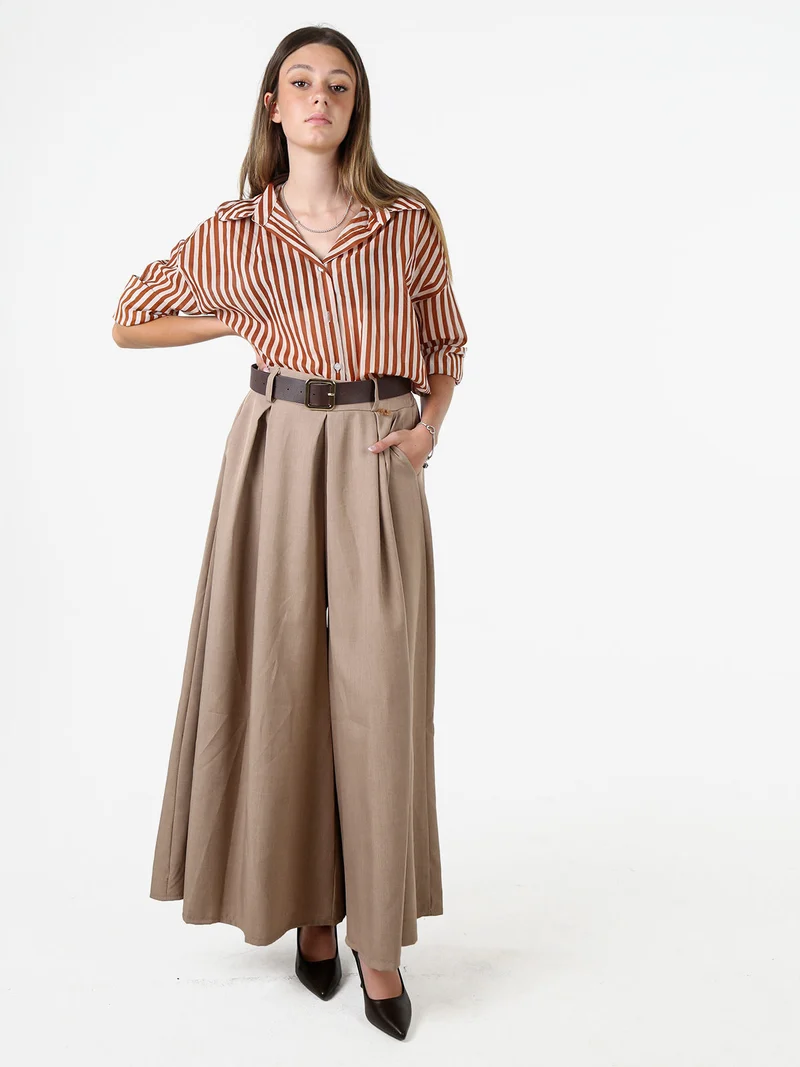 Pantaloni donna a gamba larga con cintura - khaki