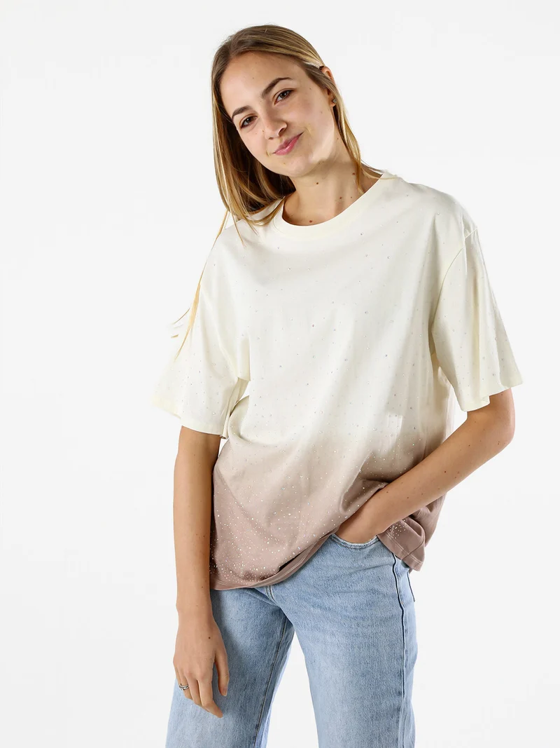 T-shirt donna oversize con strass e sfumatura - marrone