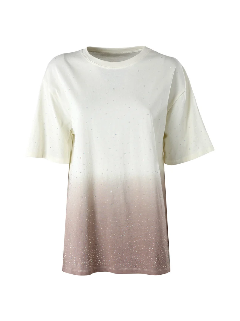 T-shirt donna oversize con strass e sfumatura - marrone