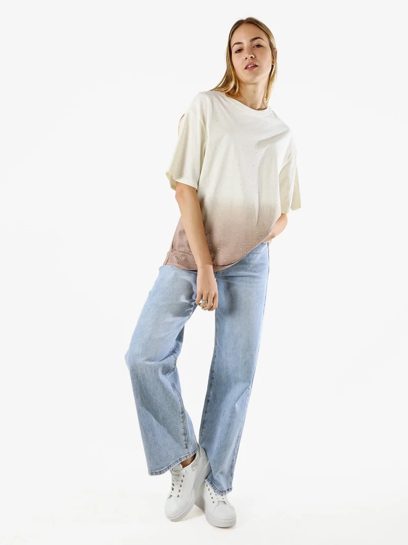 T-shirt donna oversize con strass e sfumatura - marrone