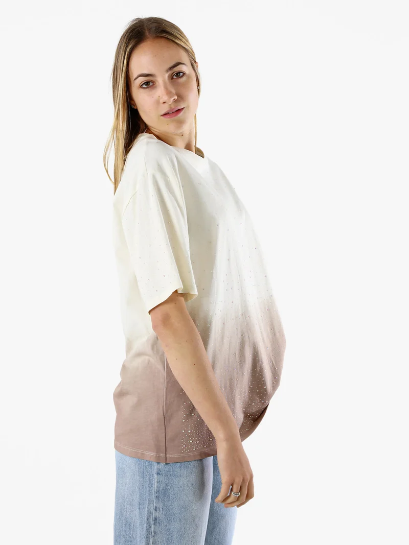 T-shirt donna oversize con strass e sfumatura - marrone