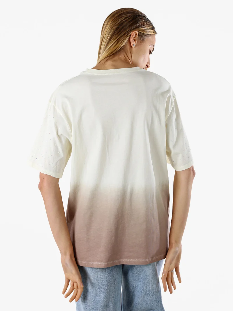 T-shirt donna oversize con strass e sfumatura - marrone