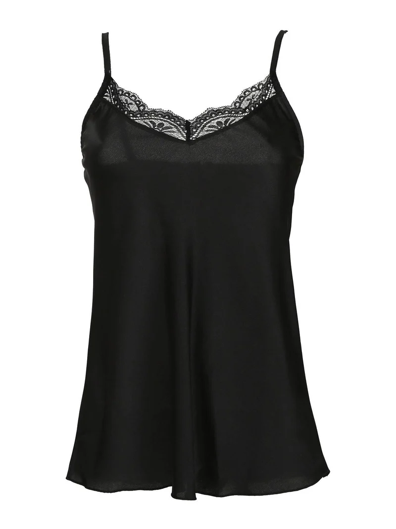 Top donna effetto seta con pizzo - nero