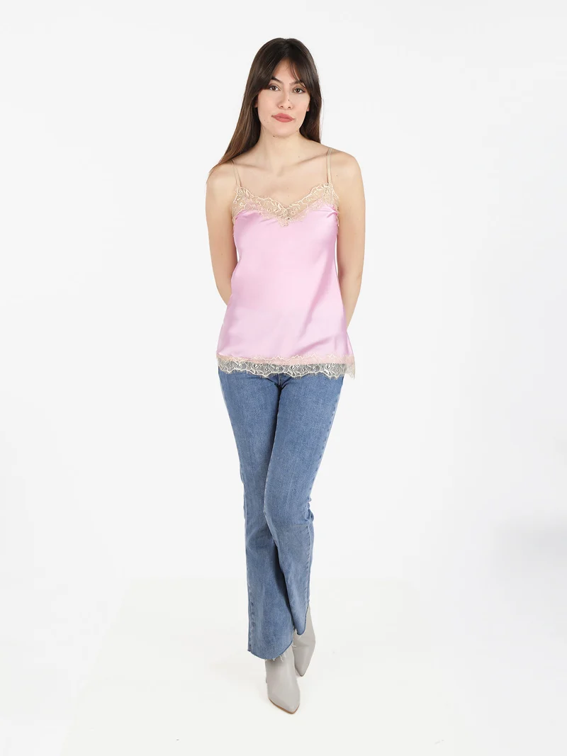 Top donna effetto raso con pizzo - lilla