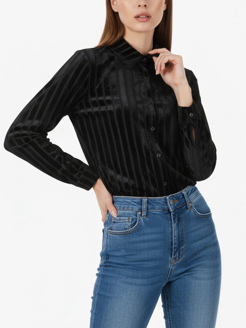 Camicia donna con dettagli in ciniglia a maniche lunghe - nero