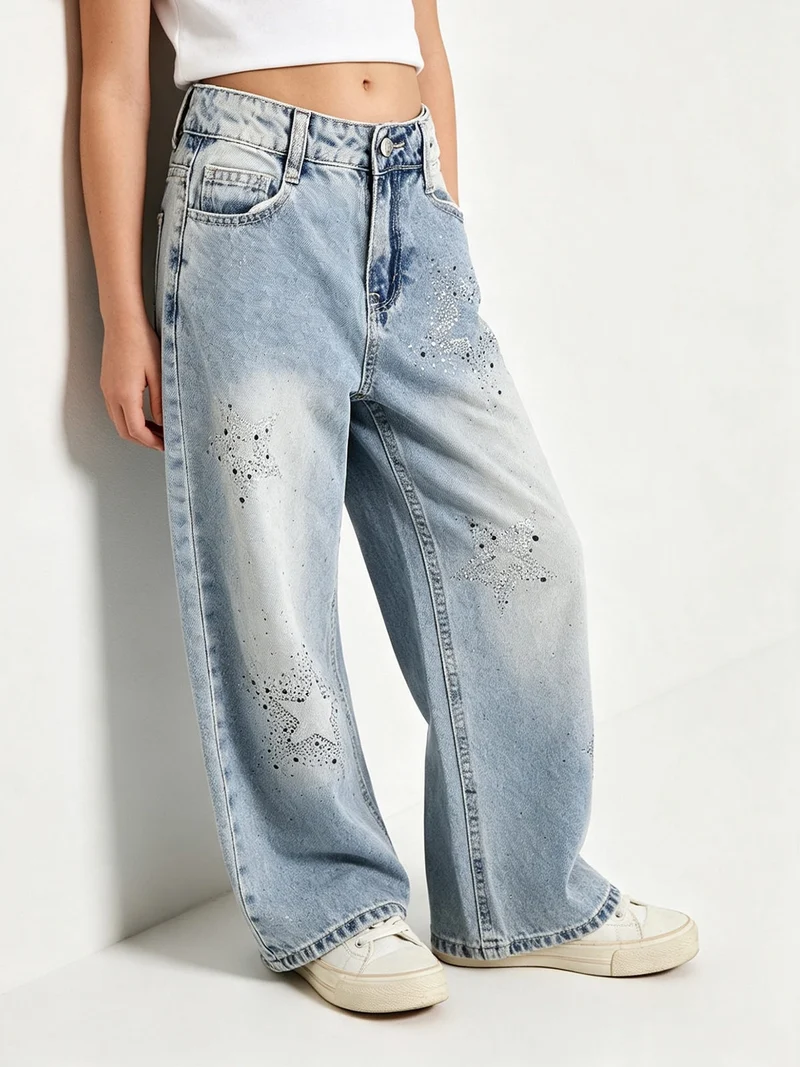 Jeans da bambina wide leg con strass - jeans