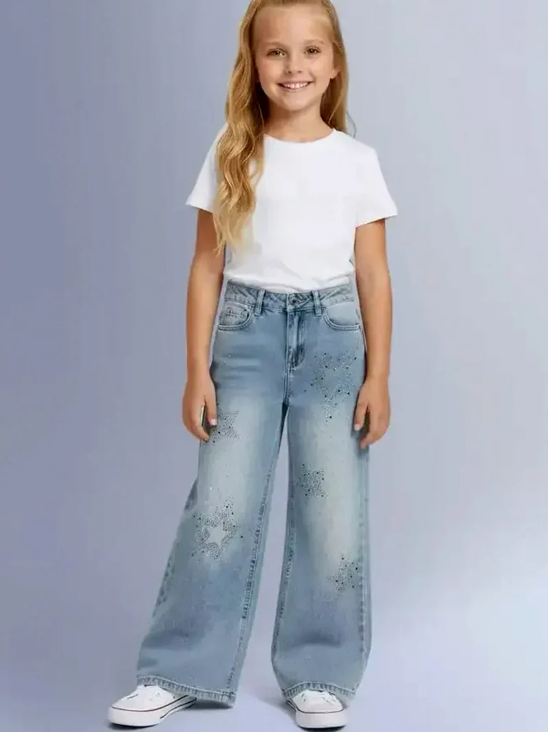 Jeans da bambina wide leg con strass - jeans