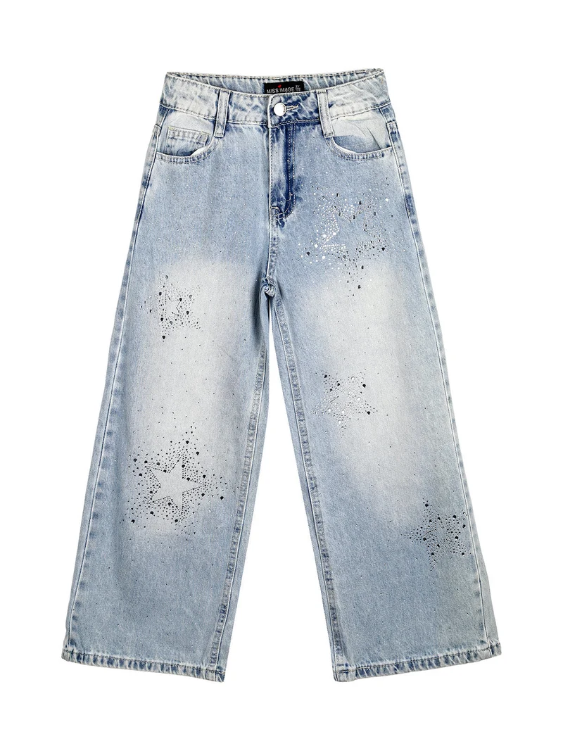 Jeans da bambina wide leg con strass - jeans