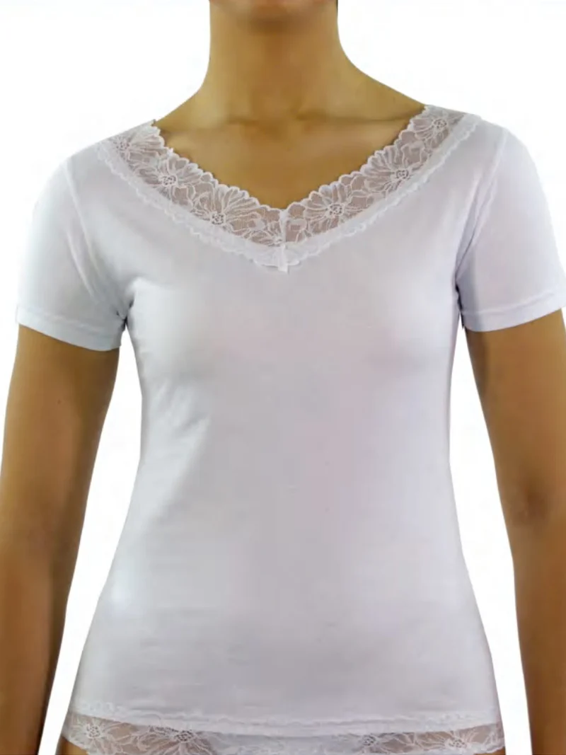 ART.3559 T-shirt intima da donna in cotone bielastico con pizzo - bianco