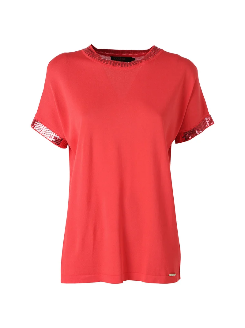 Maglia girocollo da donna a maniche corte con paillettes decorative - fragola