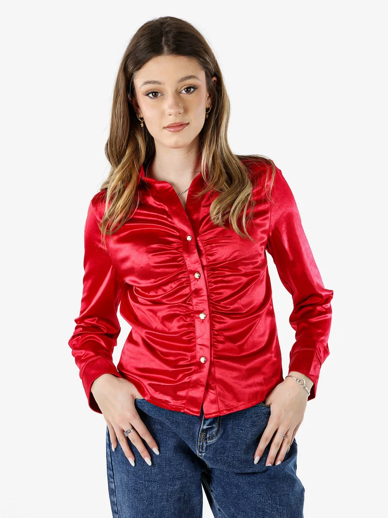 Camicia donna a maniche lunghe effetto raso - rosso