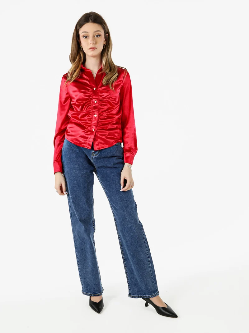 Camicia donna a maniche lunghe effetto raso - rosso