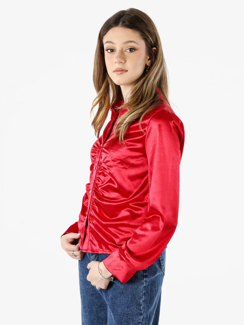 Camicia donna a maniche lunghe effetto raso - rosso