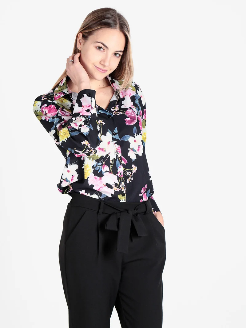 Camicia donna fiorata a maniche lunghe - nero