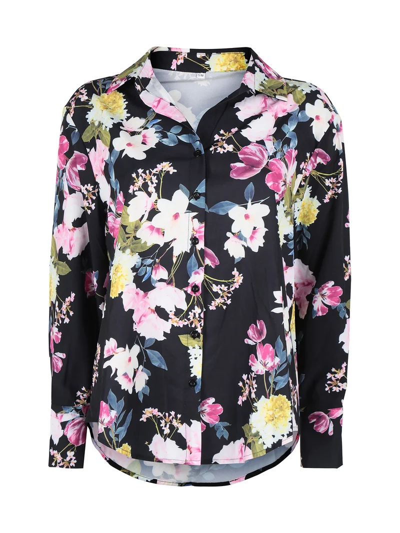 Camicia donna fiorata a maniche lunghe - nero