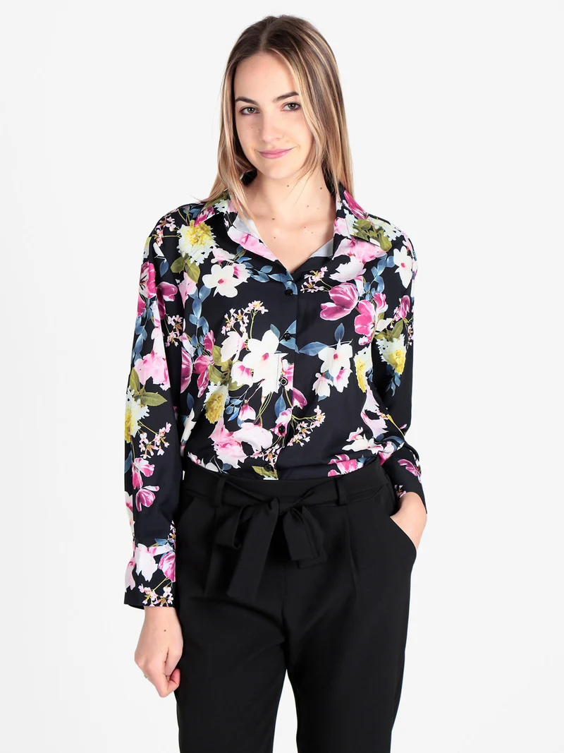 Camicia donna fiorata a maniche lunghe - nero