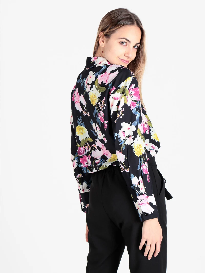 Camicia donna fiorata a maniche lunghe - nero