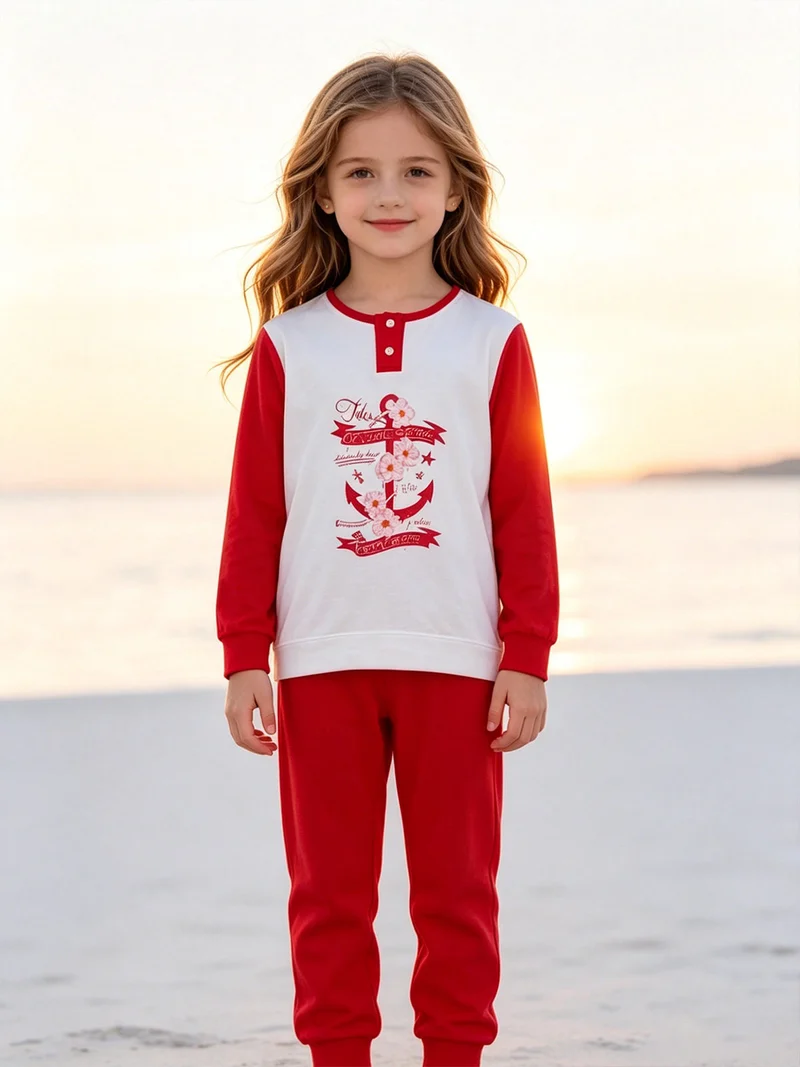 Pigiama lungo da bambina in cotone - rosso