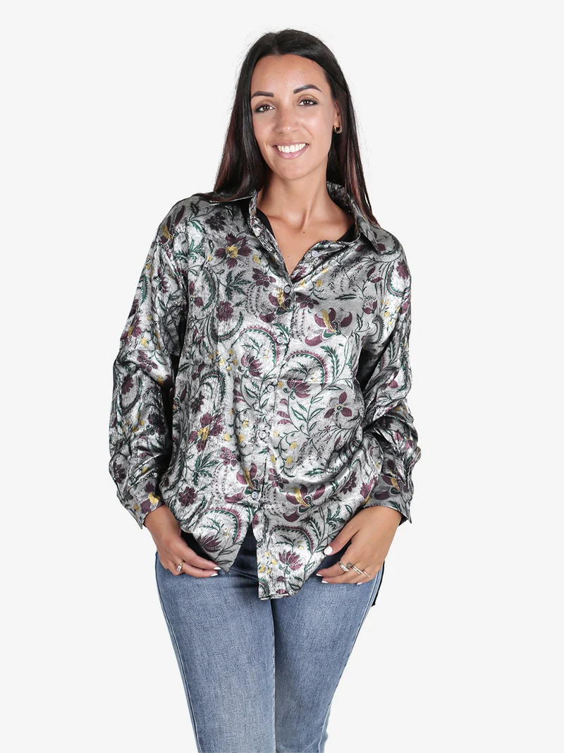 Camicia donna a maniche lunghe con stampa disegni - nero