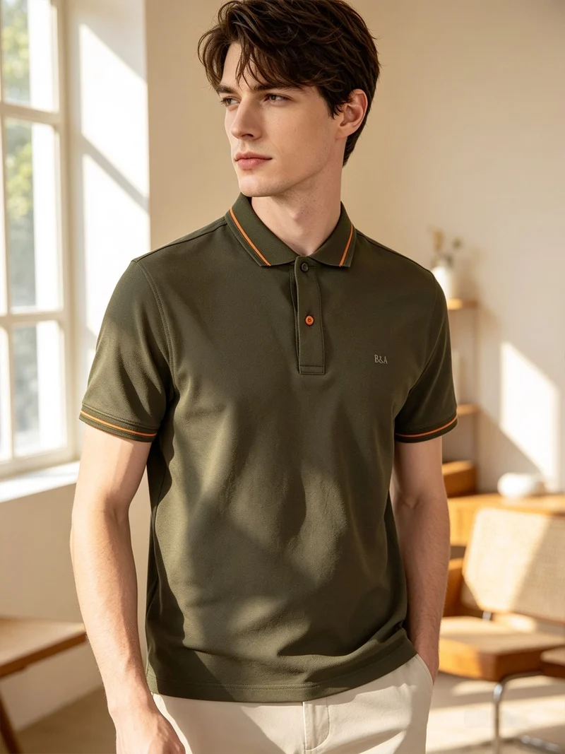 Polo da uomo in cotone a maniche corte con logo davanti e dietro - militare