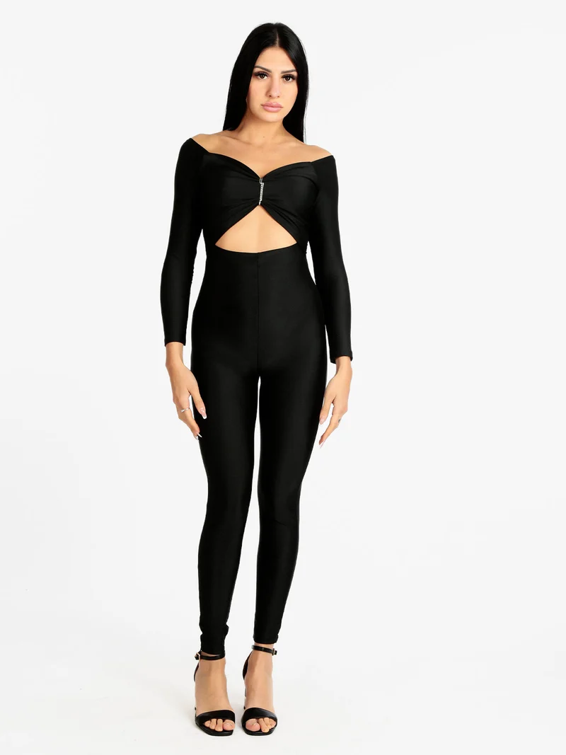 Jumpsuite donna aderente con strass - nero