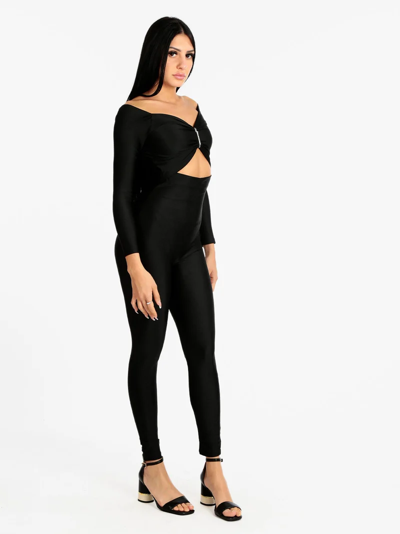 Jumpsuite donna aderente con strass - nero
