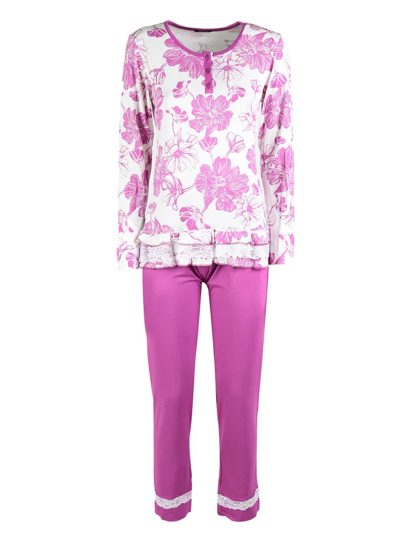 Pigiama lungo da donna fiorato con dettagli in pizzo - fucsia