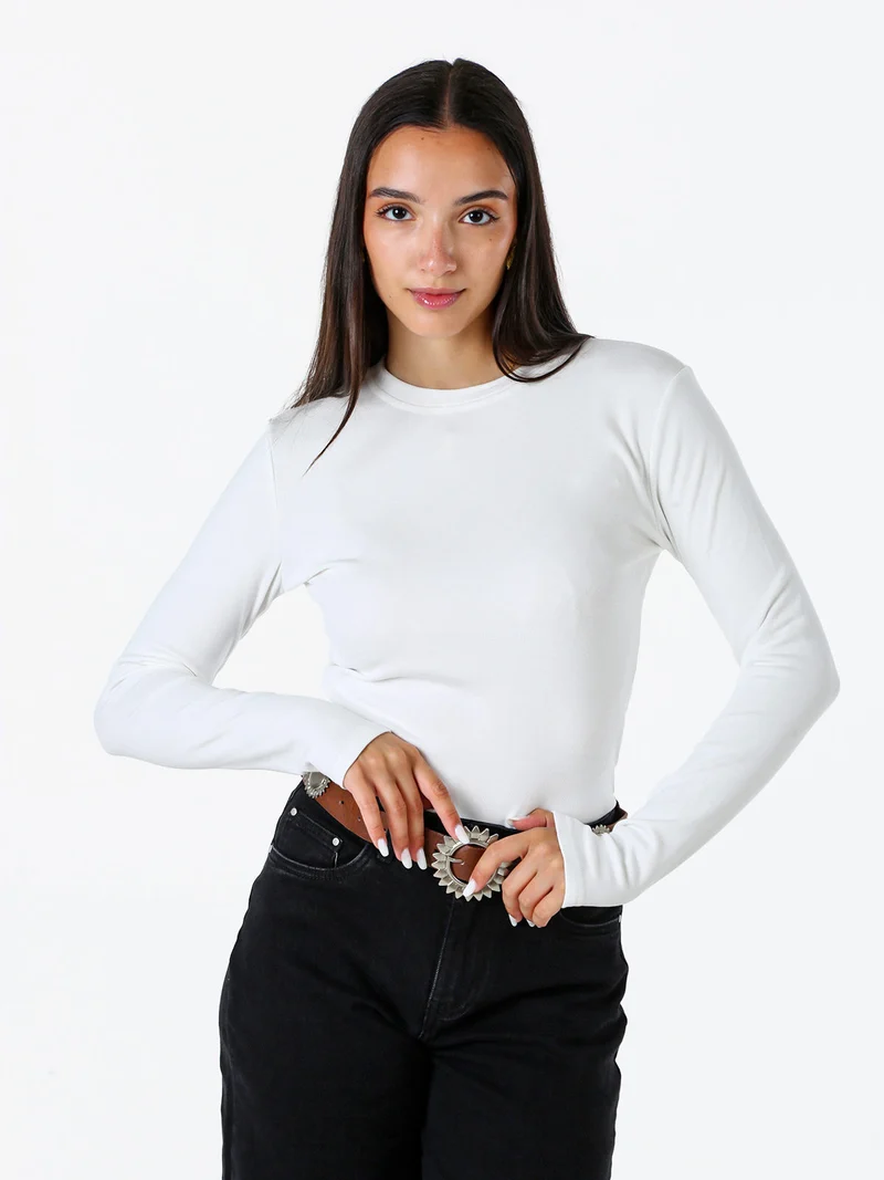 T-shirt girocollo da donna a maniche lunghe con interno spazzolato - bianco