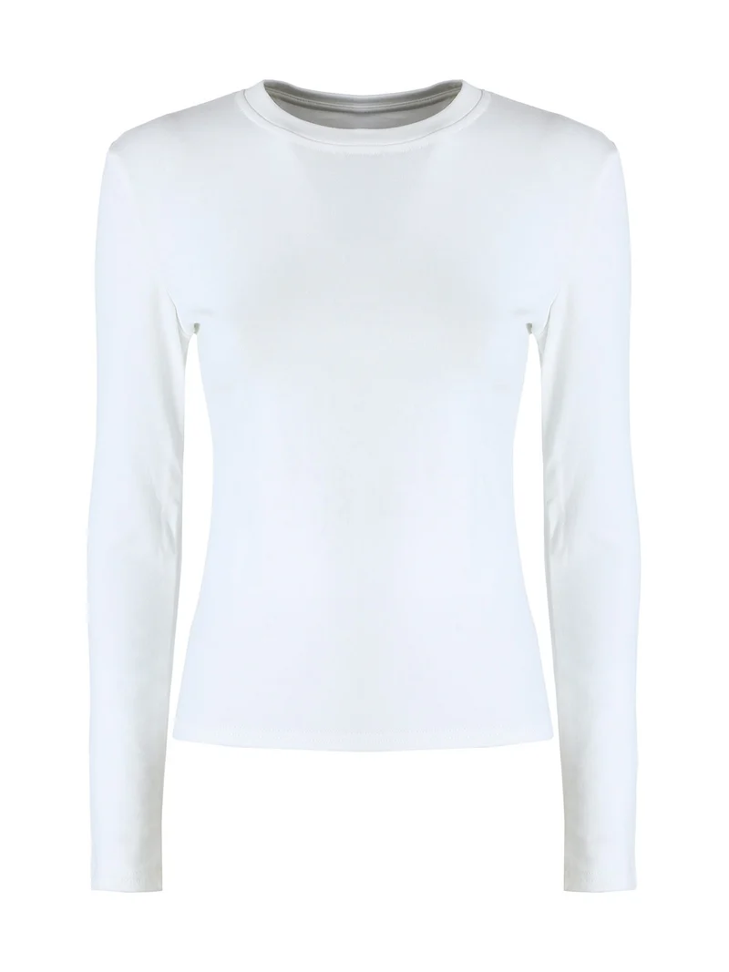 T-shirt girocollo da donna a maniche lunghe con interno spazzolato - bianco