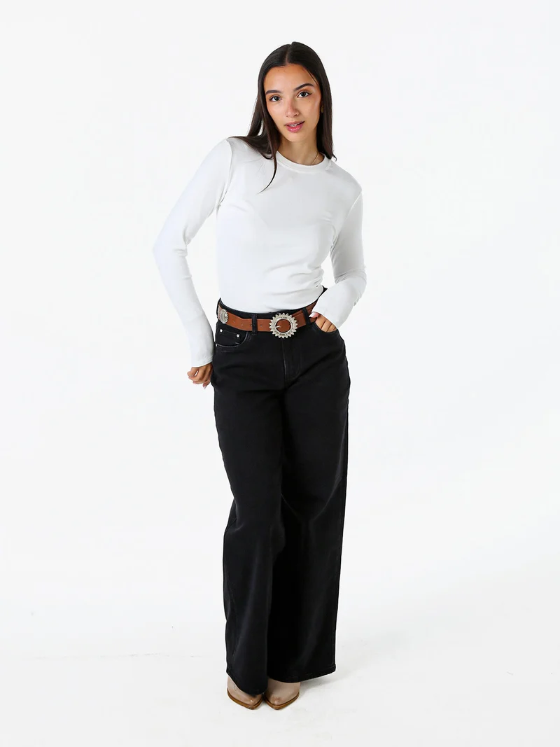 T-shirt girocollo da donna a maniche lunghe con interno spazzolato - bianco