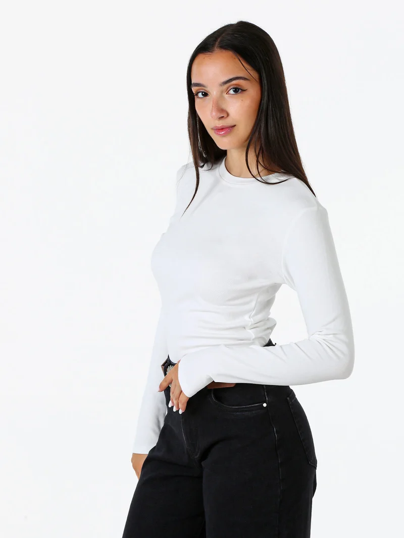 T-shirt girocollo da donna a maniche lunghe con interno spazzolato - bianco