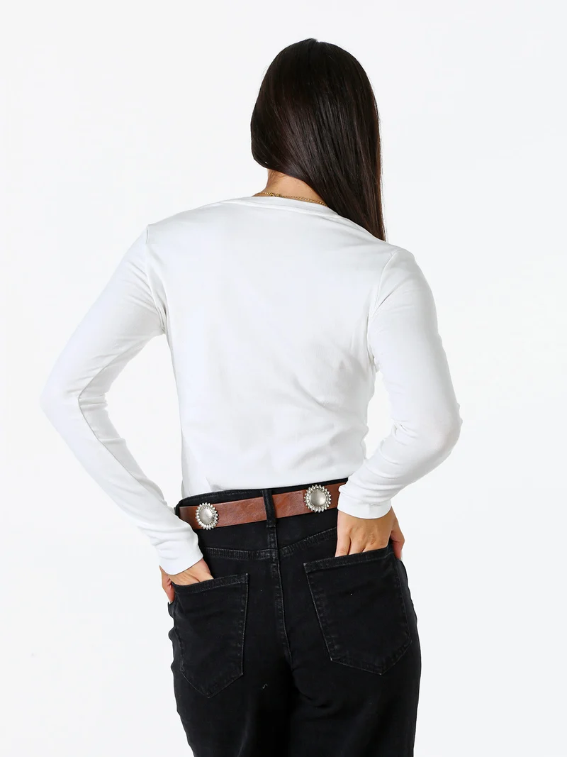 T-shirt girocollo da donna a maniche lunghe con interno spazzolato - bianco