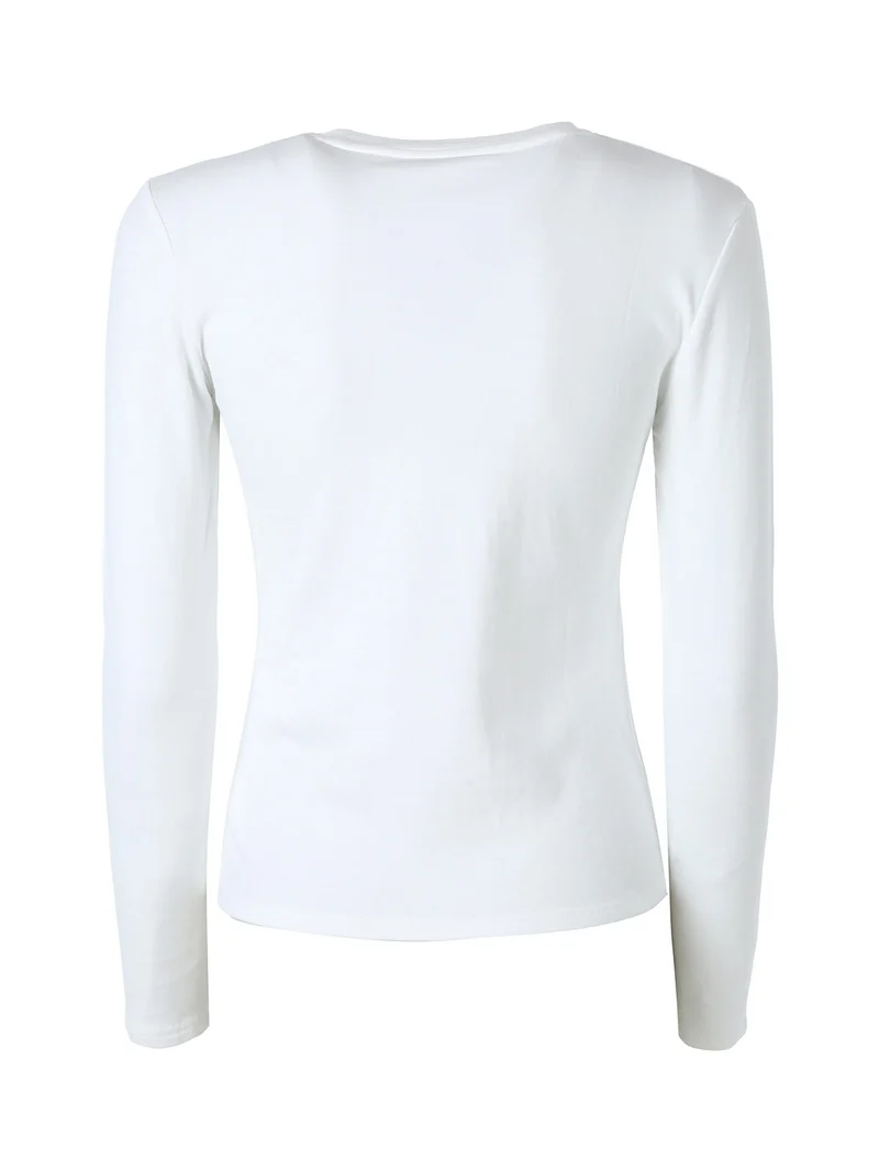 T-shirt girocollo da donna a maniche lunghe con interno spazzolato - bianco