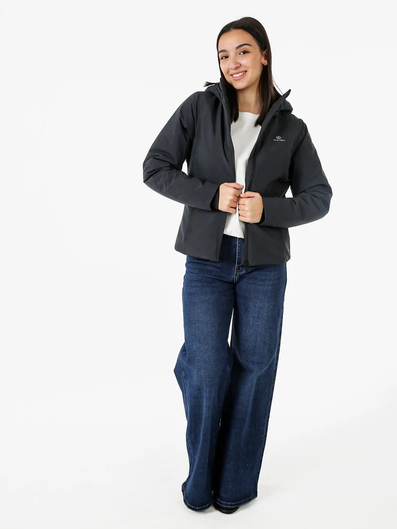 Giubbotto donna impermeabile con cappuccio e zip - blu scuro