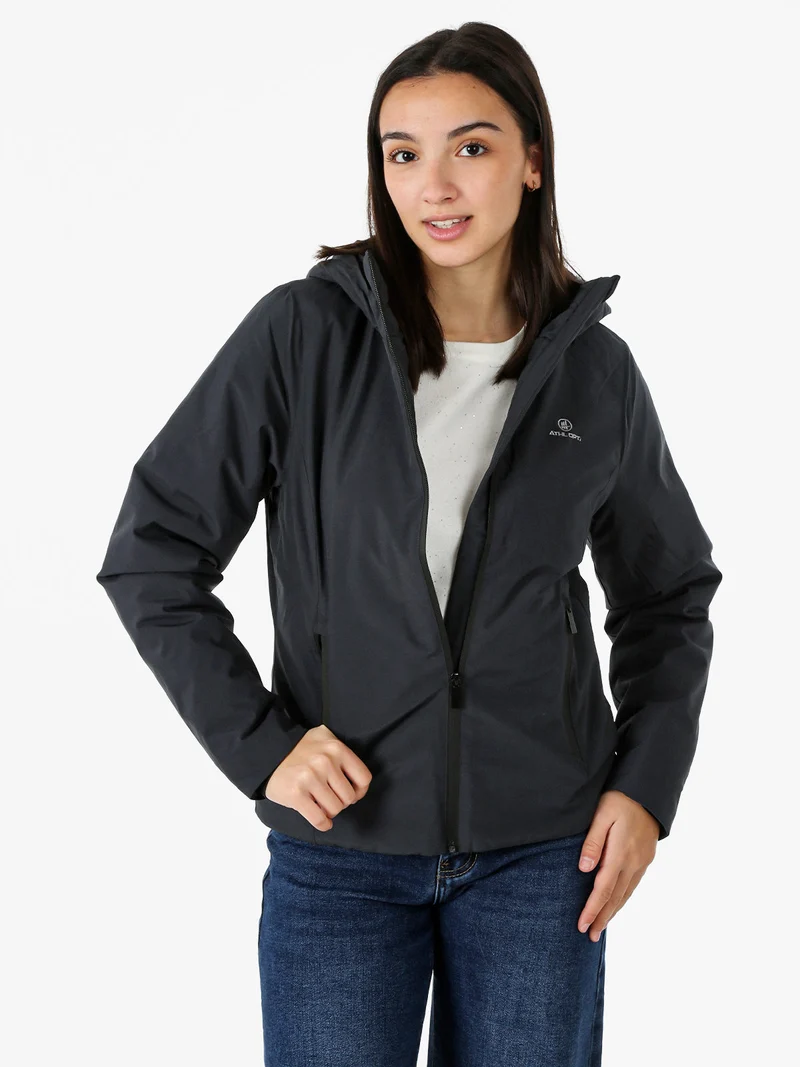 Giubbotto donna impermeabile con cappuccio e zip - blu scuro