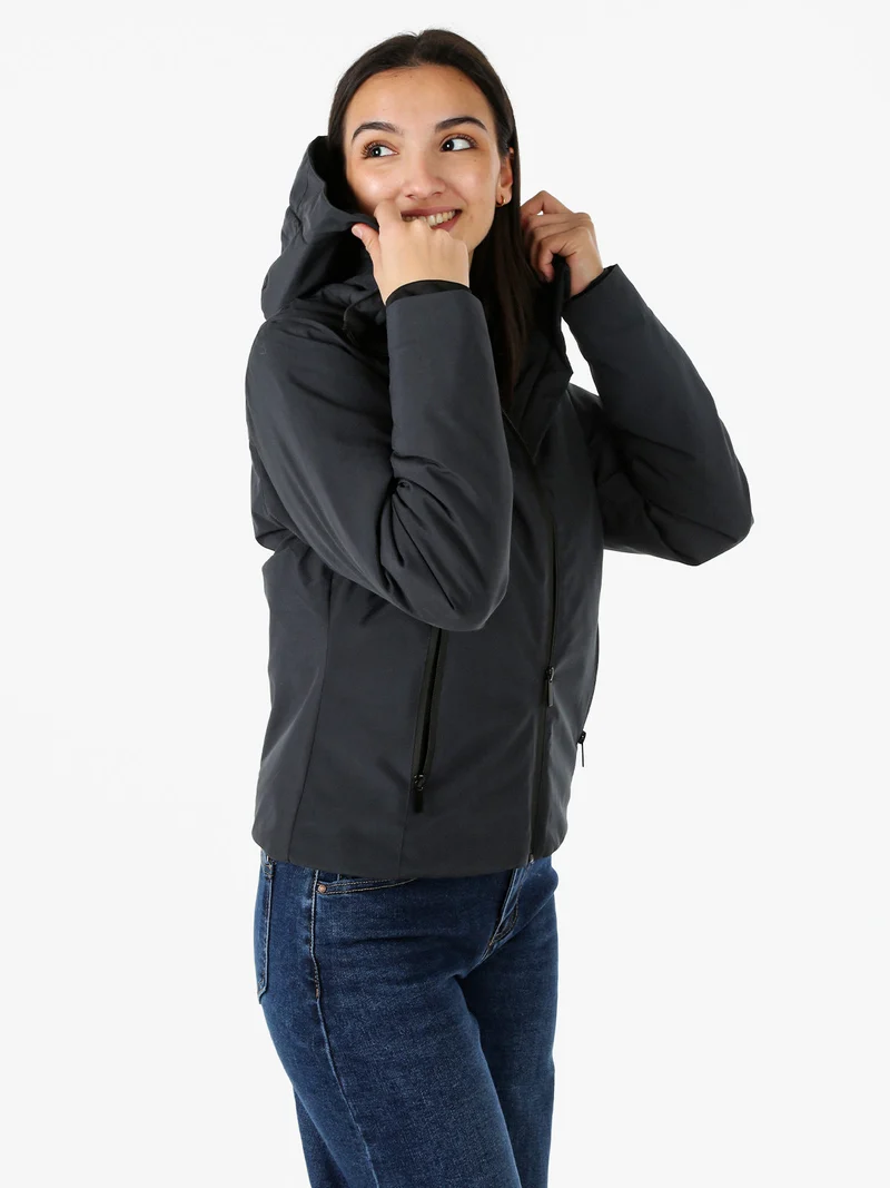 Giubbotto donna impermeabile con cappuccio e zip - blu scuro