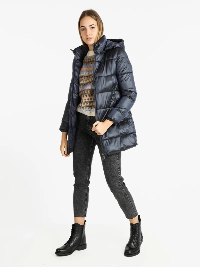Piumino donna invernale con cappuccio - blu scuro