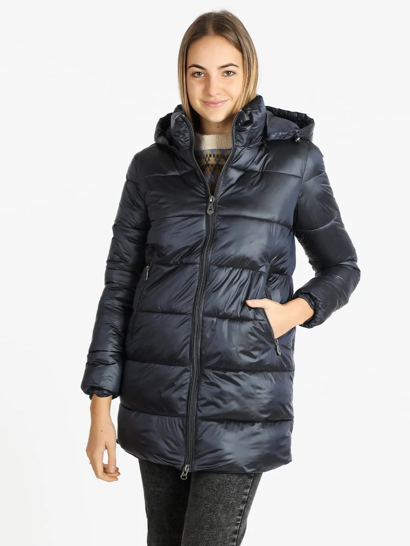 Piumino donna invernale con cappuccio - blu scuro