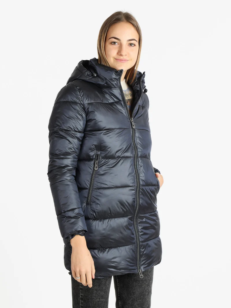 Piumino donna invernale con cappuccio - blu scuro