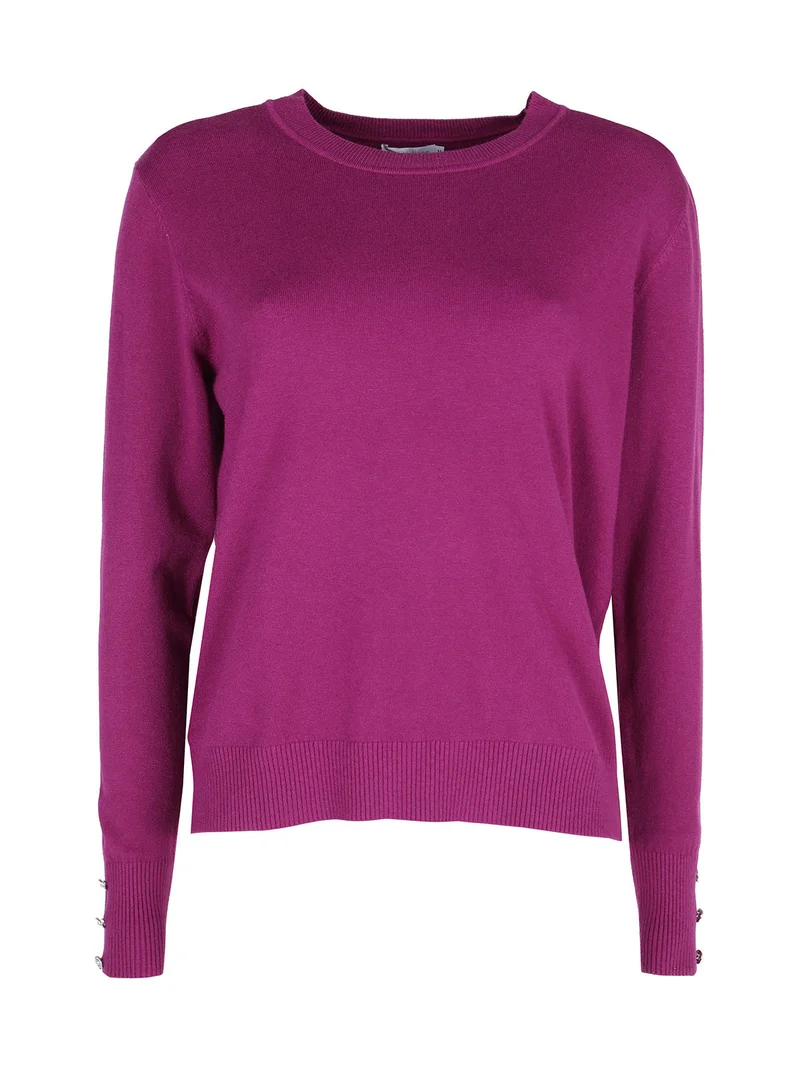 Pullover girocollo in maglia da donna con bottoni gioiello sui polsini - fucsia