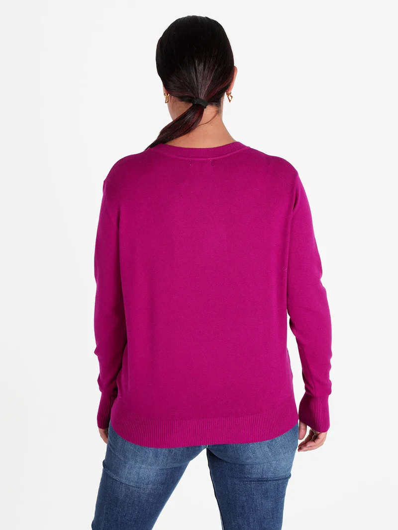 Pullover girocollo in maglia da donna con bottoni gioiello sui polsini - fucsia