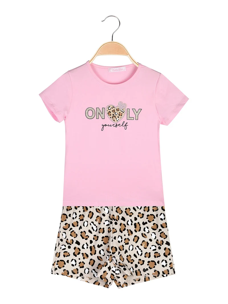 Completo corto da bambina con t-shirt e shorts maculati - rosa